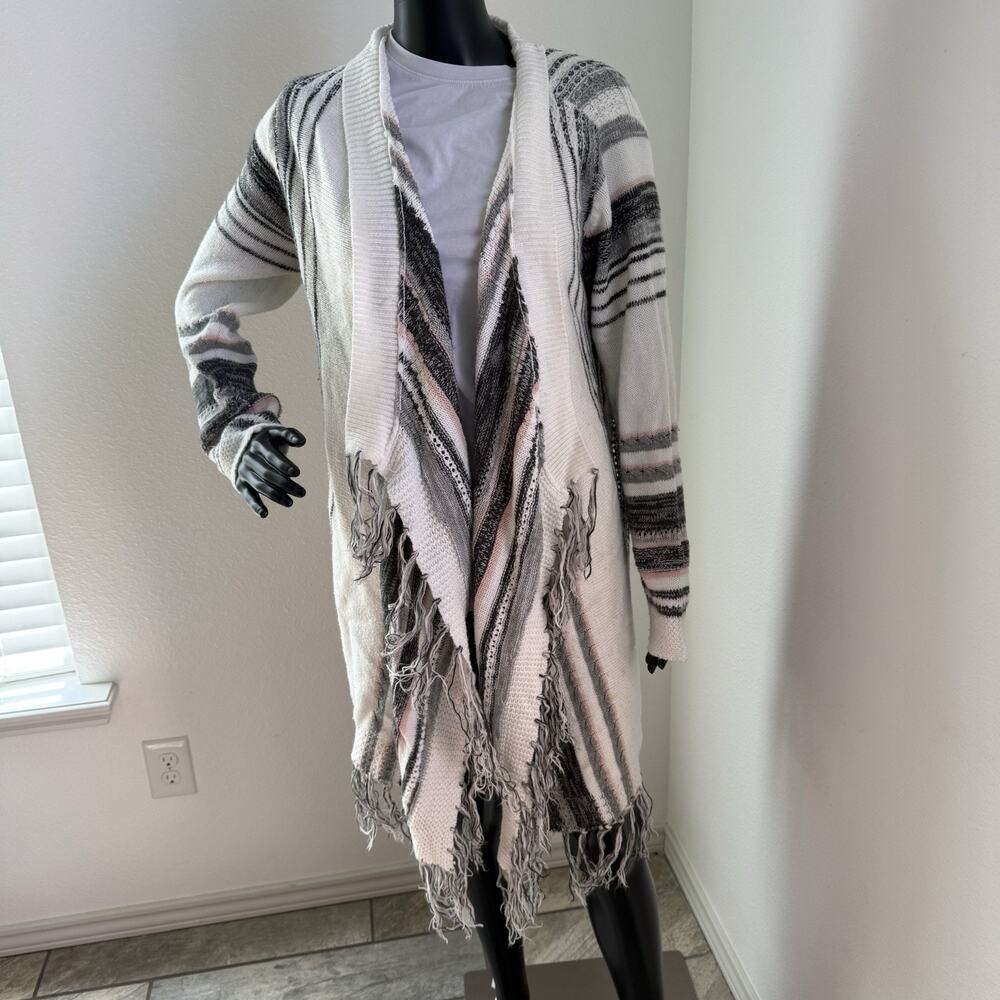Cato Women's Boho Striped Draped Cardigan Sweater Fringe Hem Open Front Large